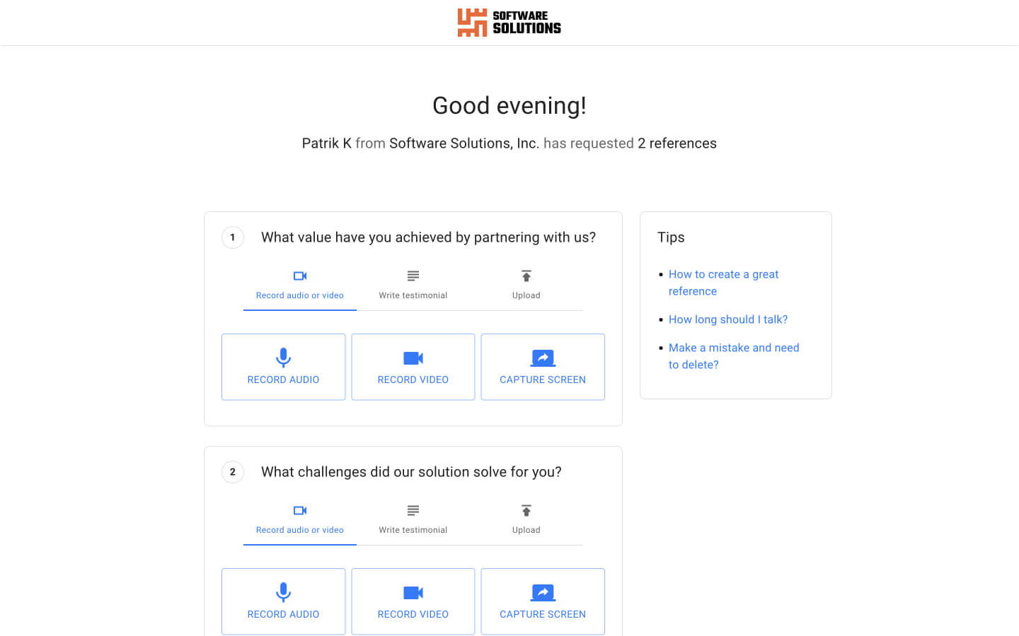 Screenshot for customer to record a testimonial with the Enable Us Customer Reference Management module