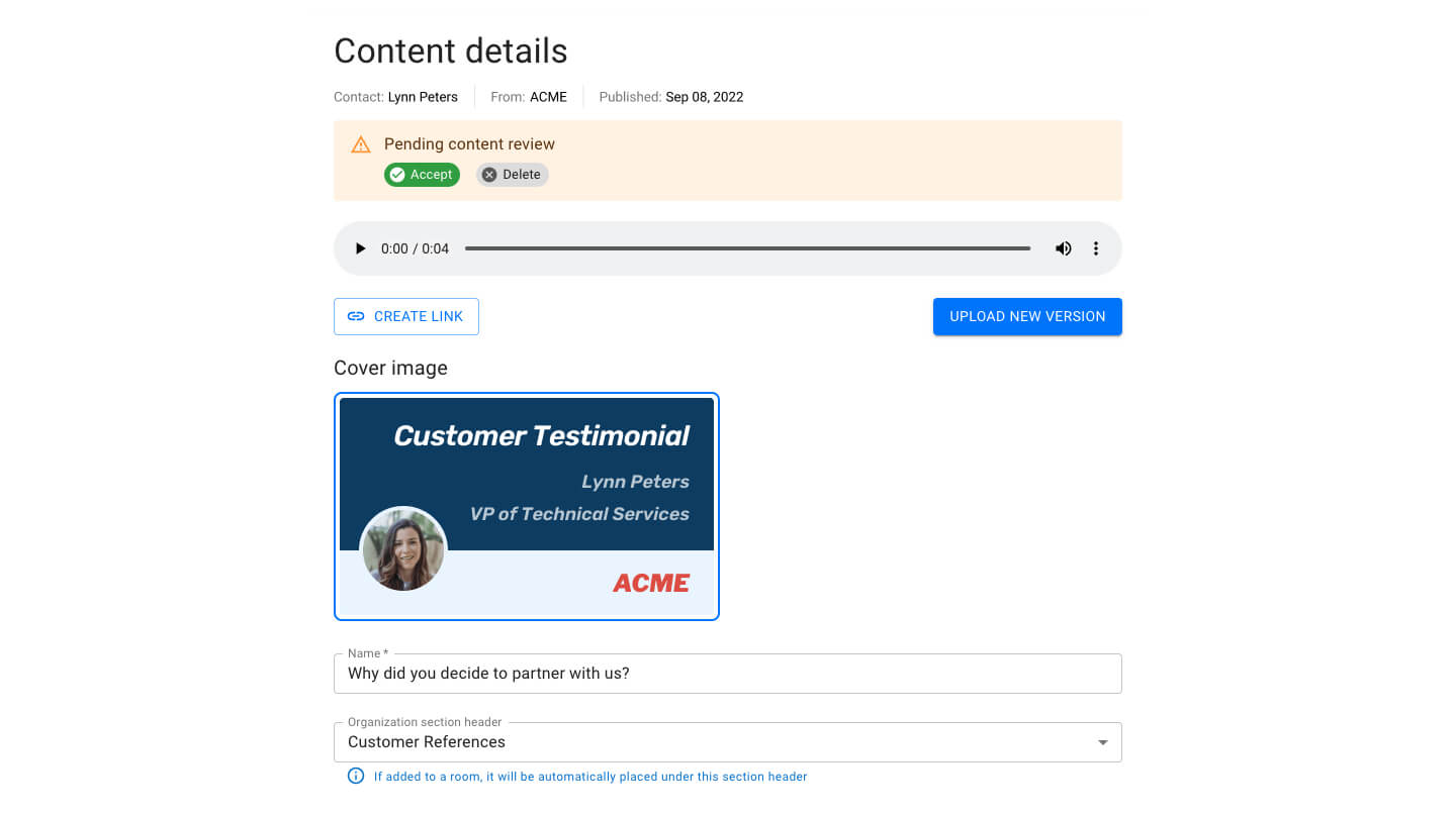 Screenshot of reviewing and approving a customer reference with the Enable Us Customer Reference Management module