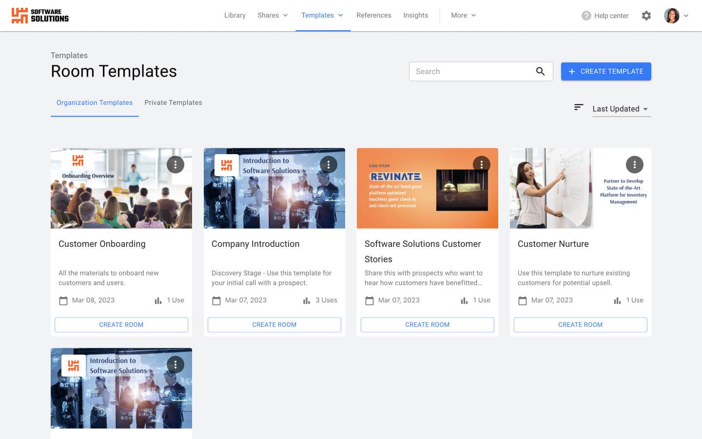 Screenshot of room templates within the Enable Us Customer Onboarding and Training product